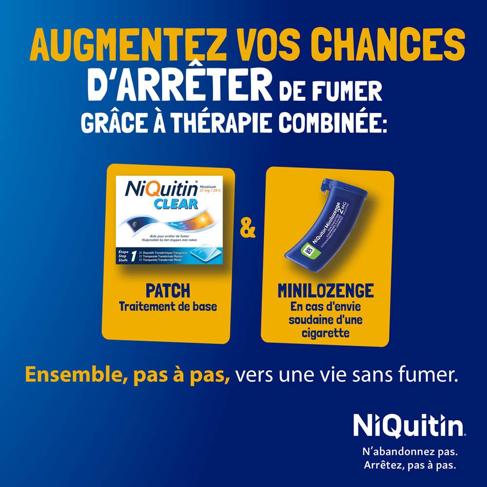 Texte : Soulage les symptômes associés au sevrage de la nicotine : Irritabilité, Anxiété, Agitation, Insomnie, Augmentation de l'appétit. Logo NiQuitin.