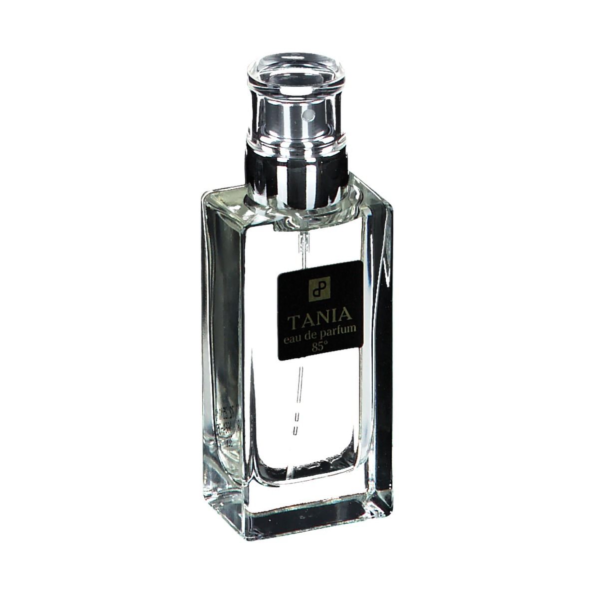 Flacon rectangulaire en verre avec vaporisateur argenté. Étiquette noire avec texte blanc : TANIA Eau de Parfum 85°.
