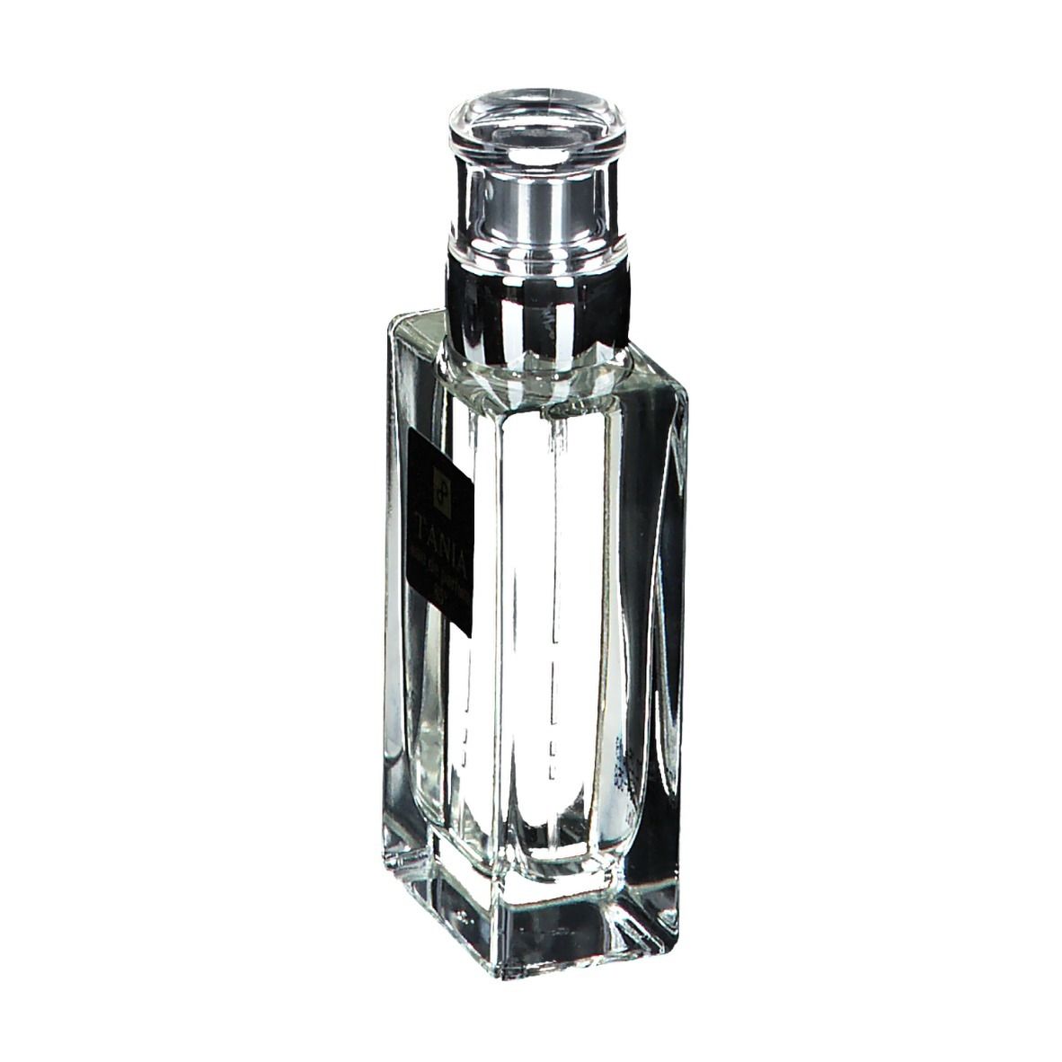Flacon rectangulaire en verre avec vaporisateur argenté. Étiquette noire avec texte blanc. Contenu clair.