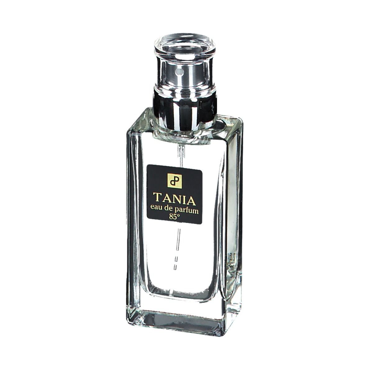 Flacon rectangulaire en verre avec vaporisateur argenté. Étiquette noire avec texte blanc : TANIA Eau de Parfum 85°.
