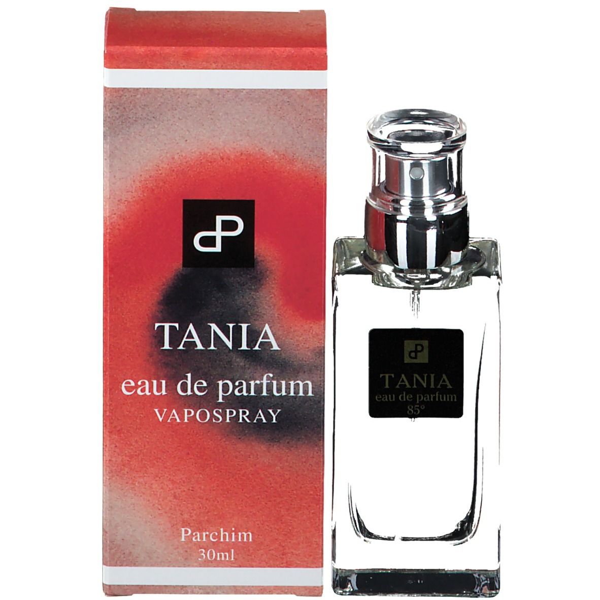 Flacon en verre avec vaporisateur argenté et emballage. Emballage rouge et blanc avec le nom du produit TANIA Eau de Parfum.