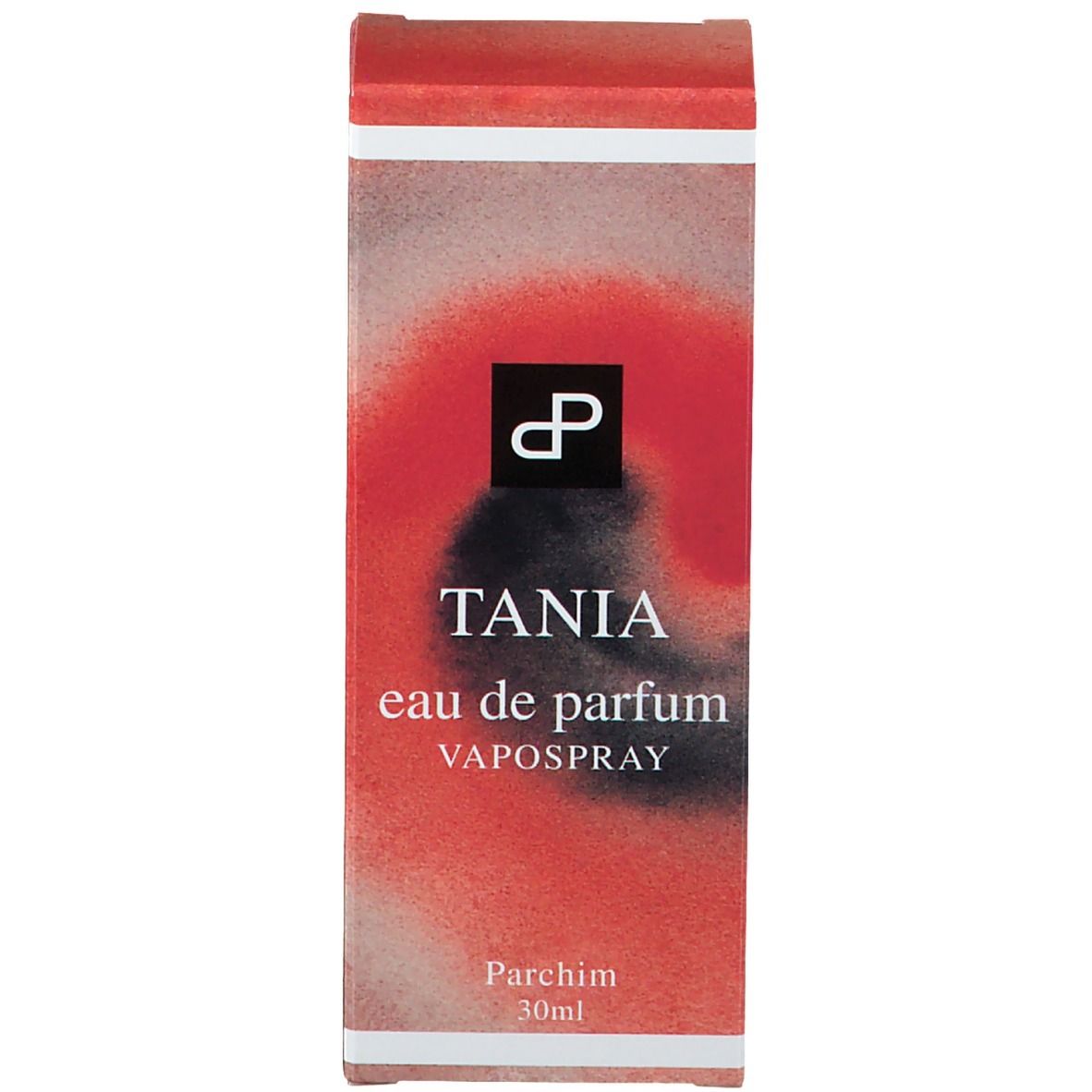 Emballage rouge et blanc avec le nom du produit TANIA Eau de Parfum et logo. Texte : VAPOSPRAY, Parchim 30ml.
