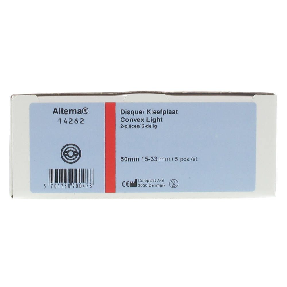 Verpakking met productinformatie. Naam: Alterna Convex Light. Maat: 50mm. Inhoud: 5 stuks. CE-markering.
