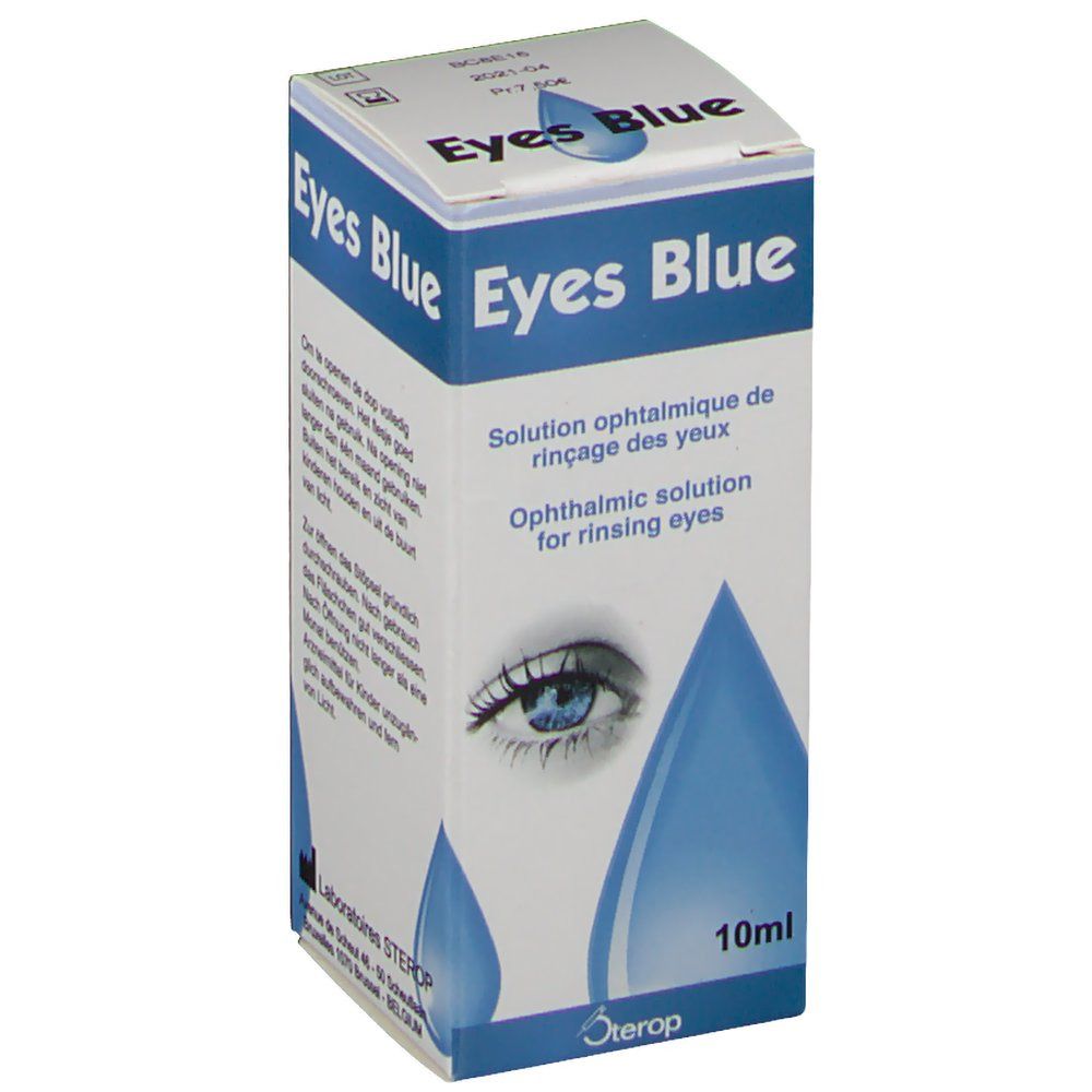 Solution ophtalmique Eyes Blue en boîte. Illustration de gouttes bleues et œil. 10ml.