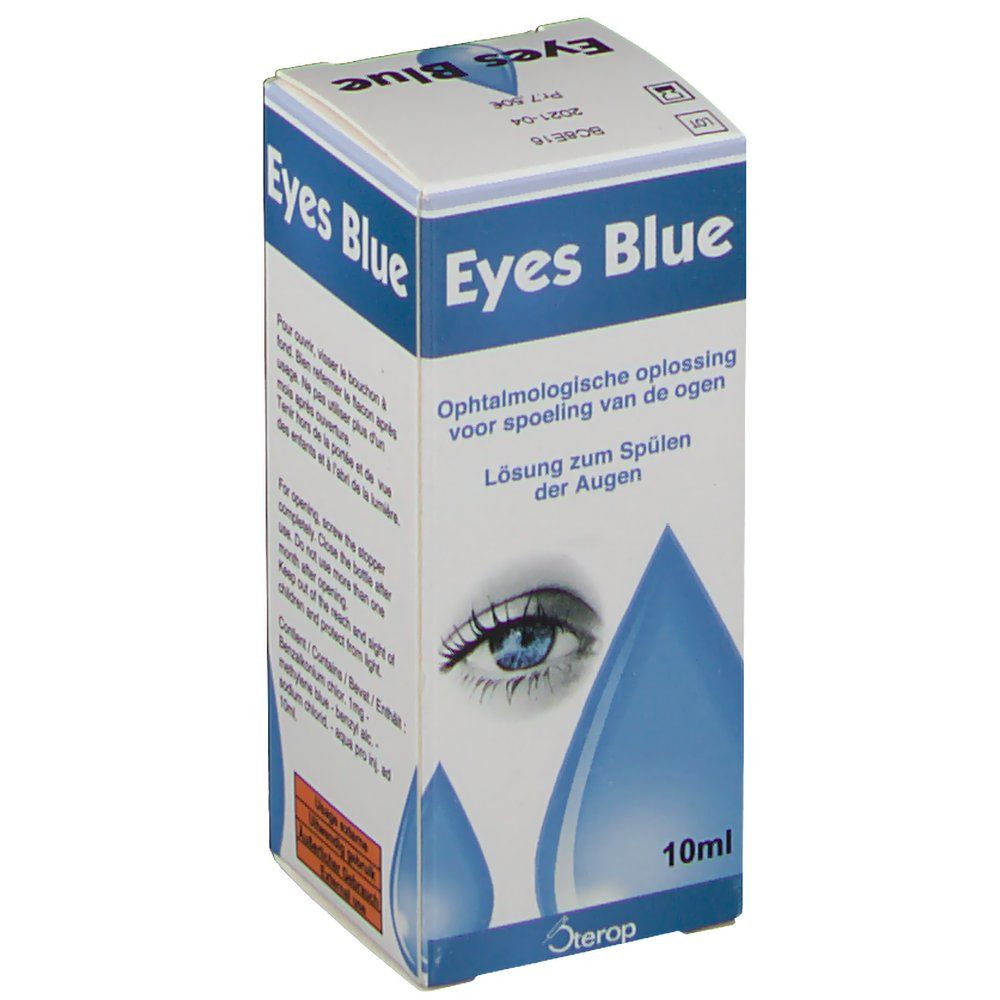 Boîte Eyes Blue avec illustration de gouttes bleues et œil. Texte en allemand et néerlandais. 10ml.