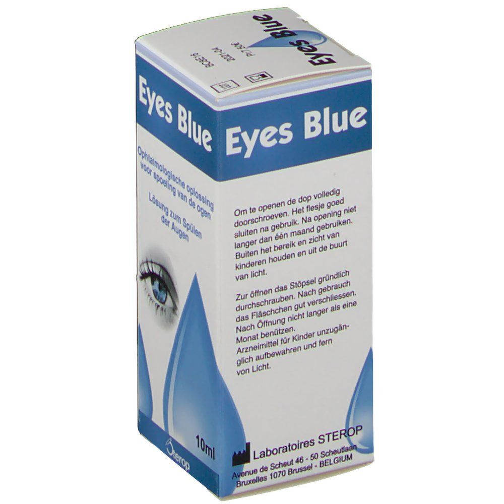 Boîte Eyes Blue avec illustration de gouttes bleues et œil. Texte en allemand et néerlandais. 10ml.