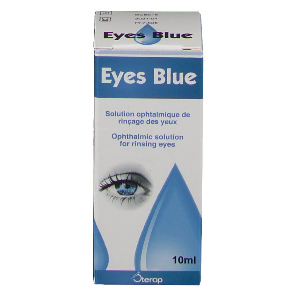 Boîte Eyes Blue avec illustration de gouttes bleues et œil. 10ml.