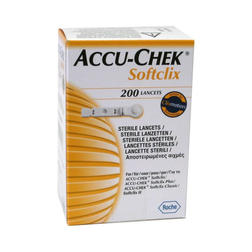 Verpackung Accu-Chek Softclix. Enthält 200 Lanzetten. Aufdruck: Sterile Lanzetten. Mit Abbildung einer Lanzette.