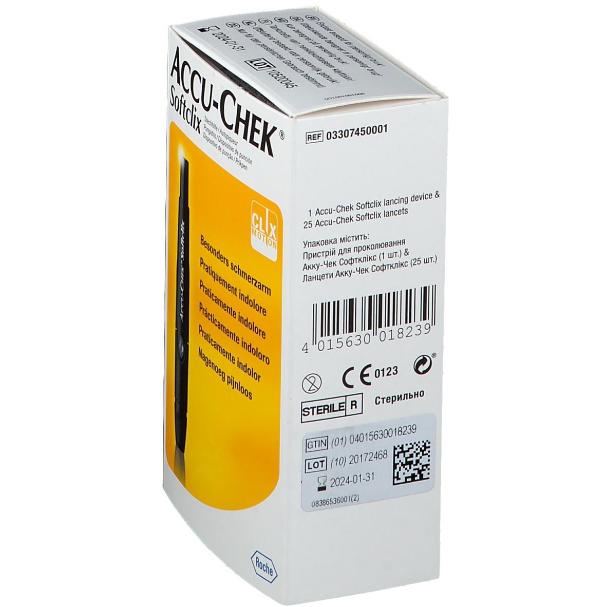 Verpackung von ACCU-CHEK Softclix. Aufdrucke: ACCU-CHEK, Softclix, CE-Kennzeichnung, Steril. Rückseite der Verpackung.
