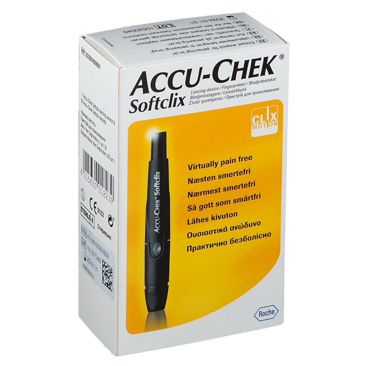Verpackung von ACCU-CHEK Softclix. Aufdrucke: ACCU-CHEK, Softclix, CLIX MOTION. Abbildung eines Stechhilfegeräts.