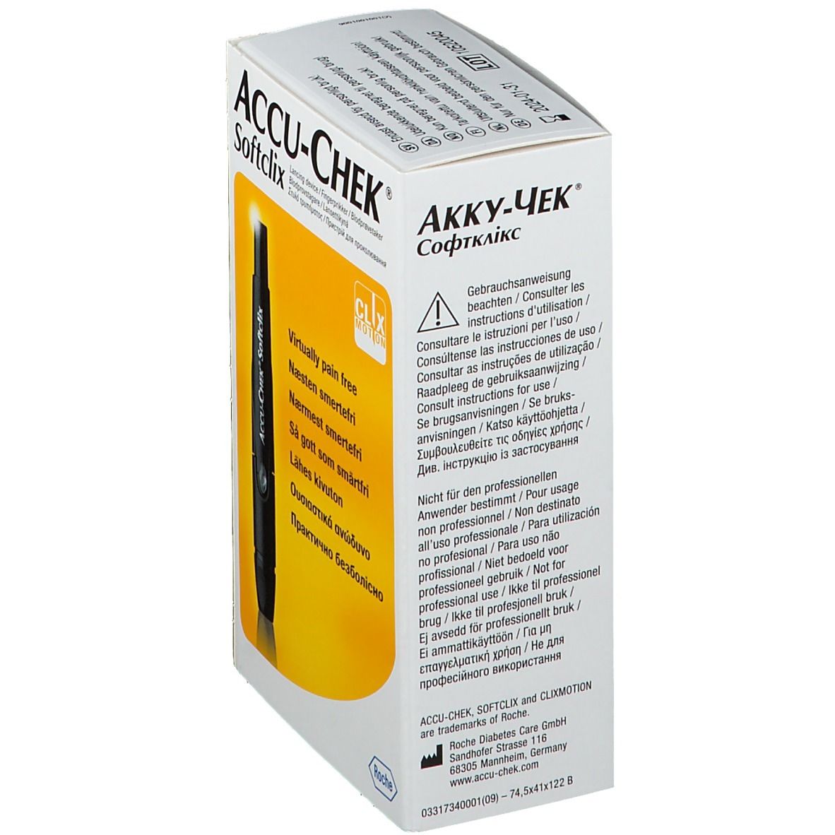 Verpackung von ACCU-CHEK Softclix. Aufdrucke: ACCU-CHEK, Softclix, CLIX MOTION. Text in mehreren Sprachen.