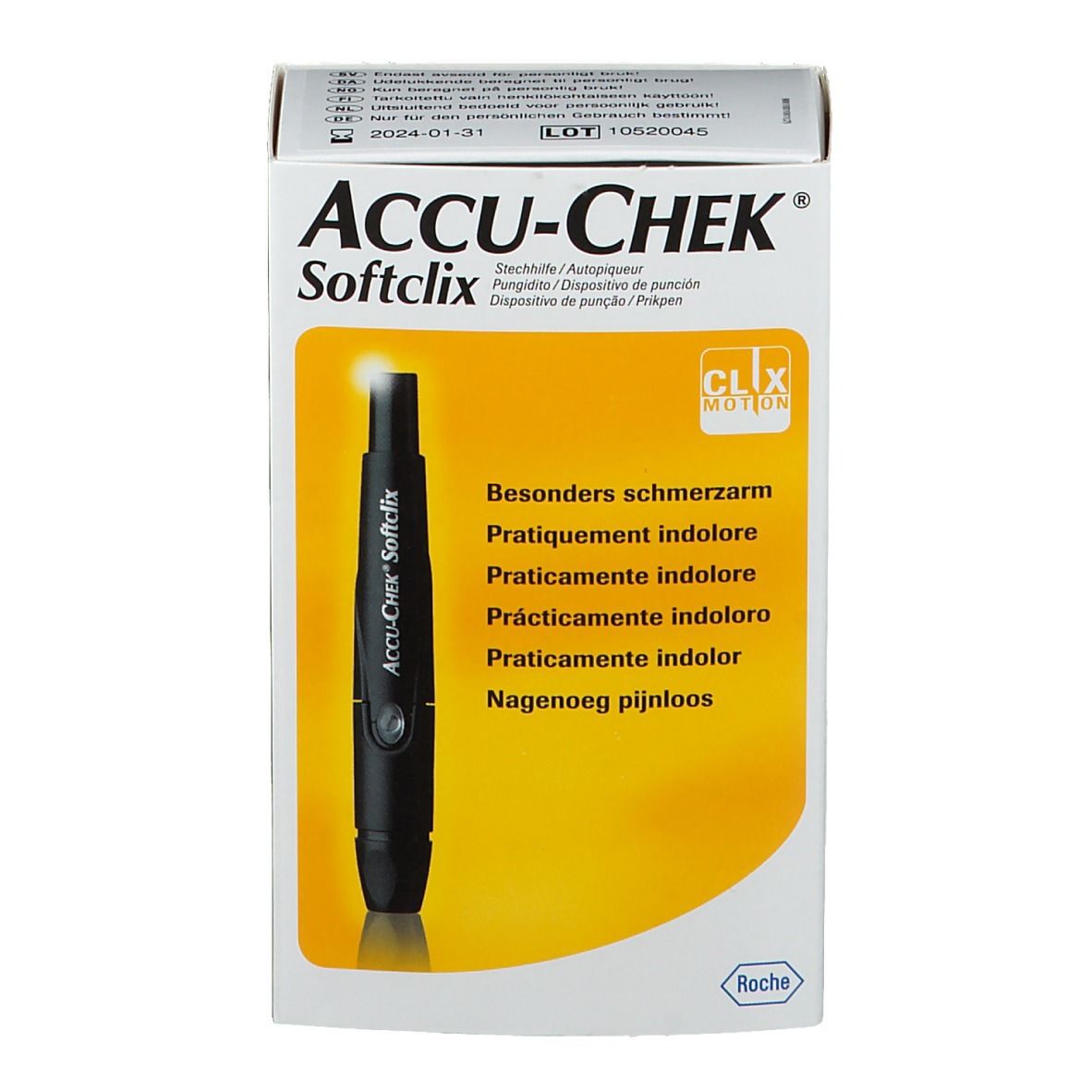 Verpackung von ACCU-CHEK Softclix. Aufdrucke: ACCU-CHEK, Softclix, CLIX MOTION. Abbildung eines Stechhilfegeräts.