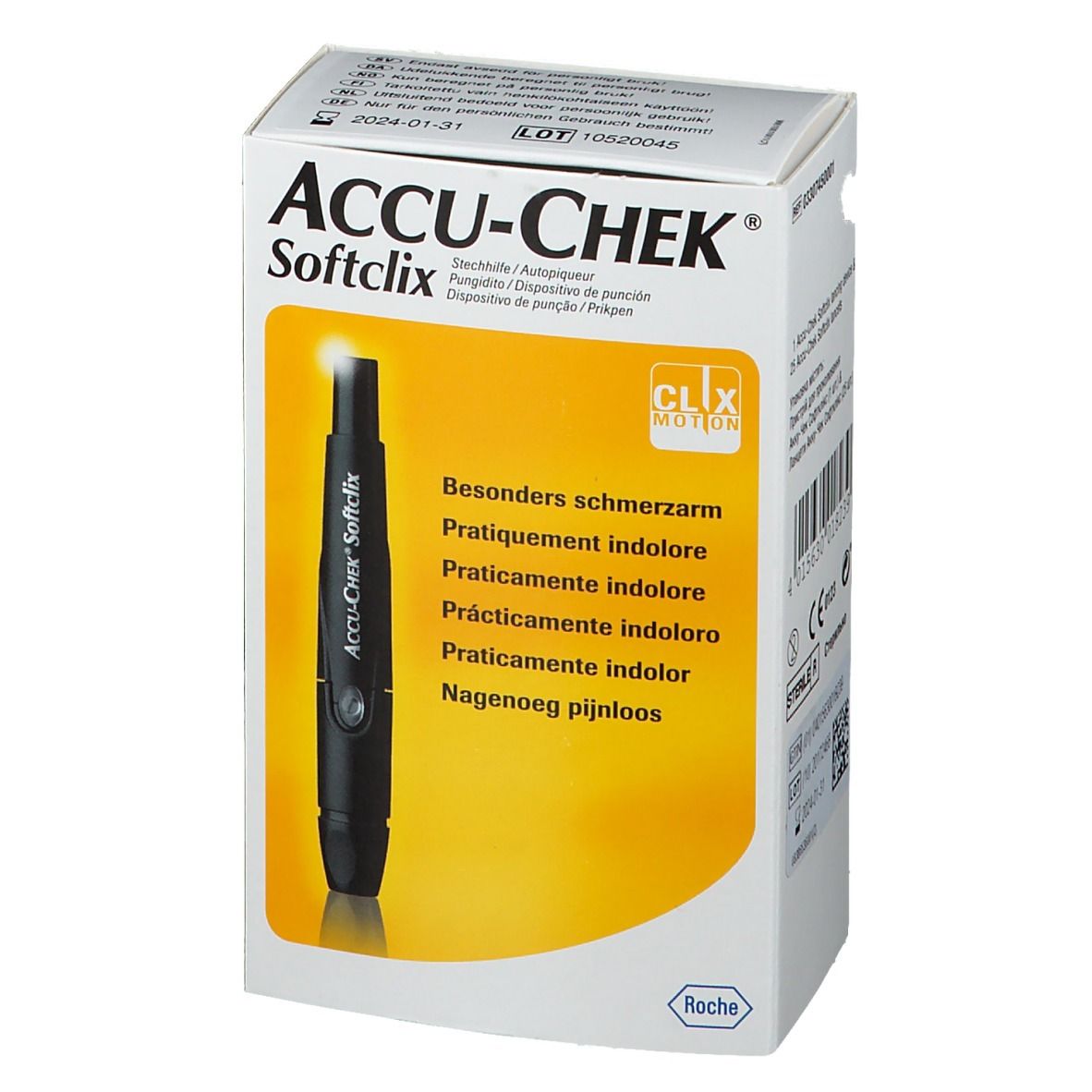 Verpackung von ACCU-CHEK Softclix. Aufdrucke: ACCU-CHEK, Softclix, CLIX MOTION. Abbildung eines Stechhilfegeräts.