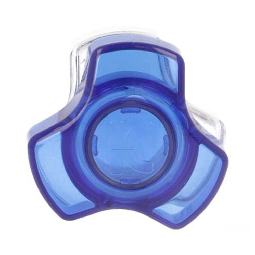 Récipient bleu transparent avec couvercle en forme d'étoile. Partie inférieure transparente. Vue de dessus.