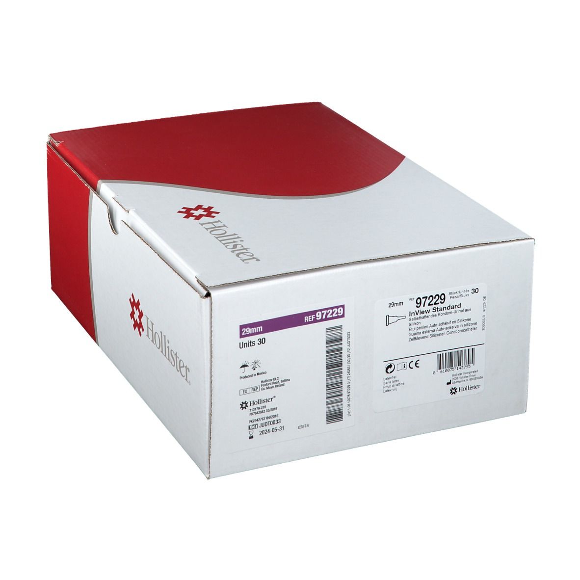 Boîte en carton rouge et blanc. Informations produit et logo Hollister sur le côté blanc.