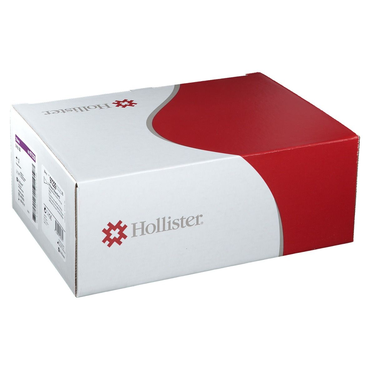 Boîte en carton rouge et blanc. Le logo Hollister est visible sur le côté blanc.