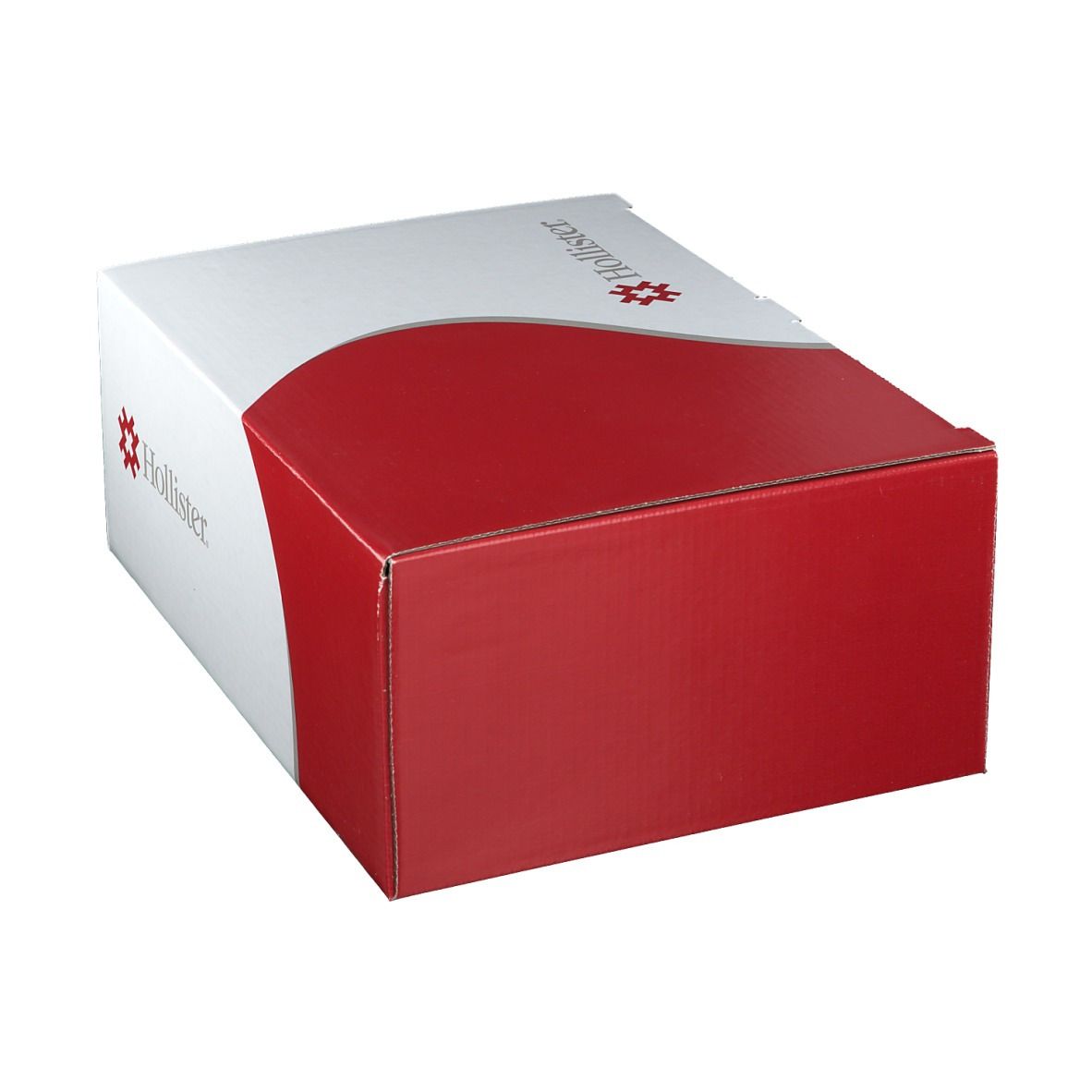 Boîte en carton rouge et blanc. Le logo Hollister est visible sur le côté blanc.