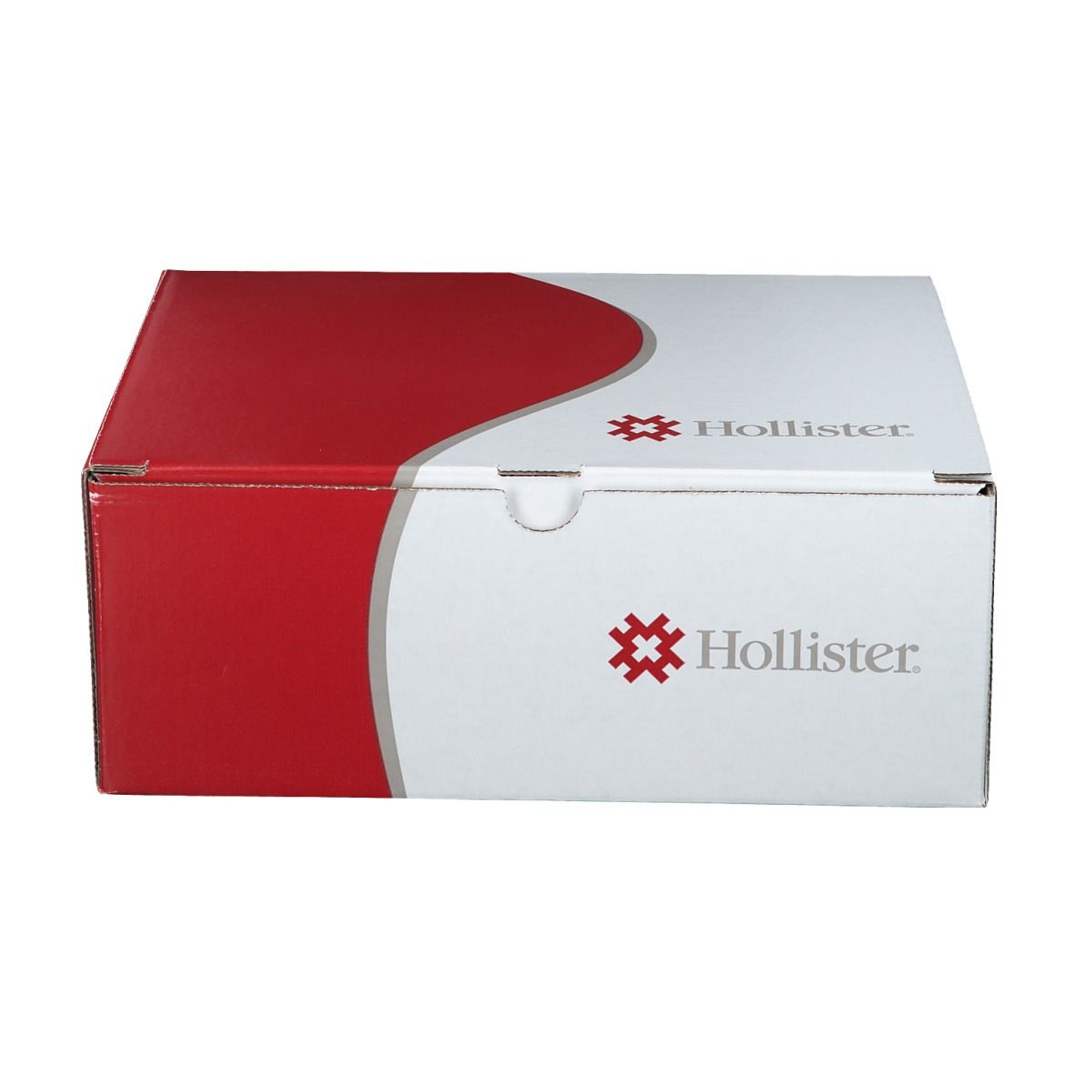 Boîte en carton rouge et blanc. Le logo Hollister est visible sur le côté blanc.