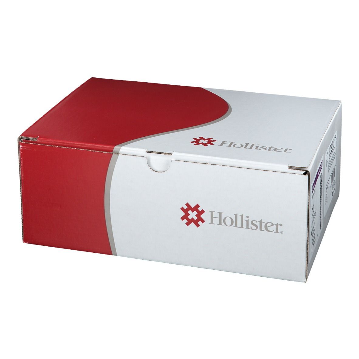 Boîte en carton rouge et blanc. Le logo Hollister est visible sur le côté blanc.