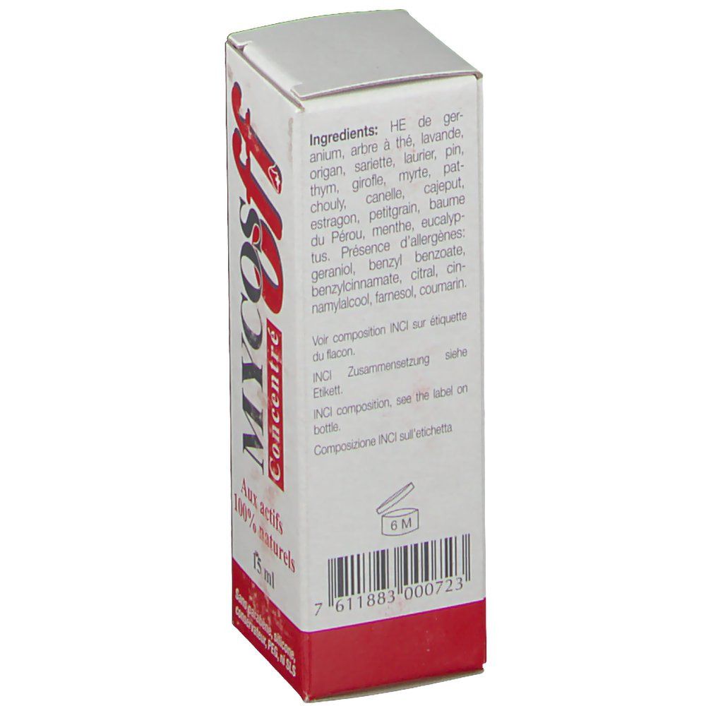 Dos de la boîte avec ingrédients et code-barres. Inscription: MYCOS off, Concentré, 15 ml.