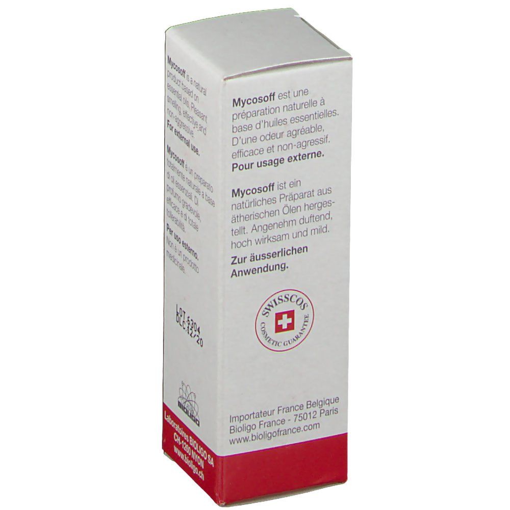 Côté de la boîte avec texte et logo. Inscription: Mycosoff est une préparation naturelle. Garantie Swisscos Cosmetic.