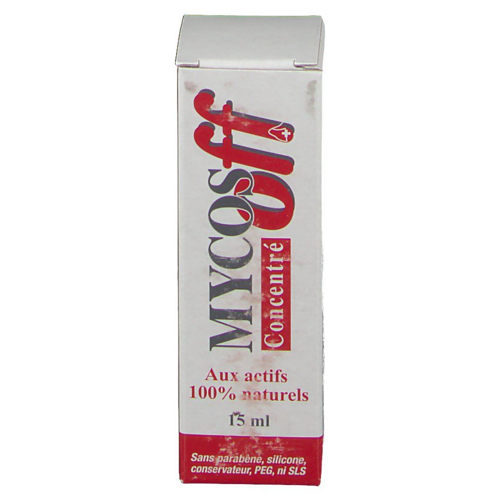 Boîte avec texte rouge. Inscription: MYCOS off, Concentré, 100% naturels, 15 ml. Sans parabène, silicone, PEG, ni SLS.