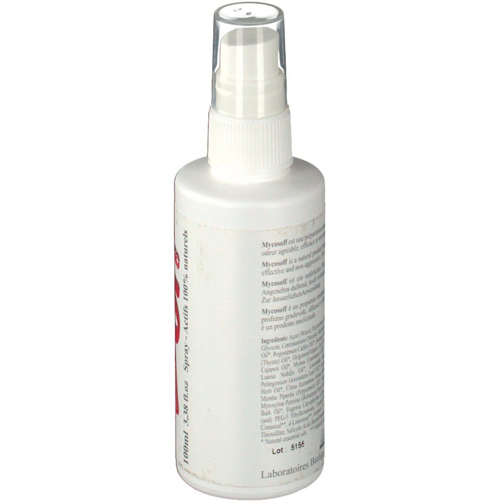 Flacon spray blanc avec texte. Dos avec ingrédients et informations fabricant. Tête de pulvérisation transparente.