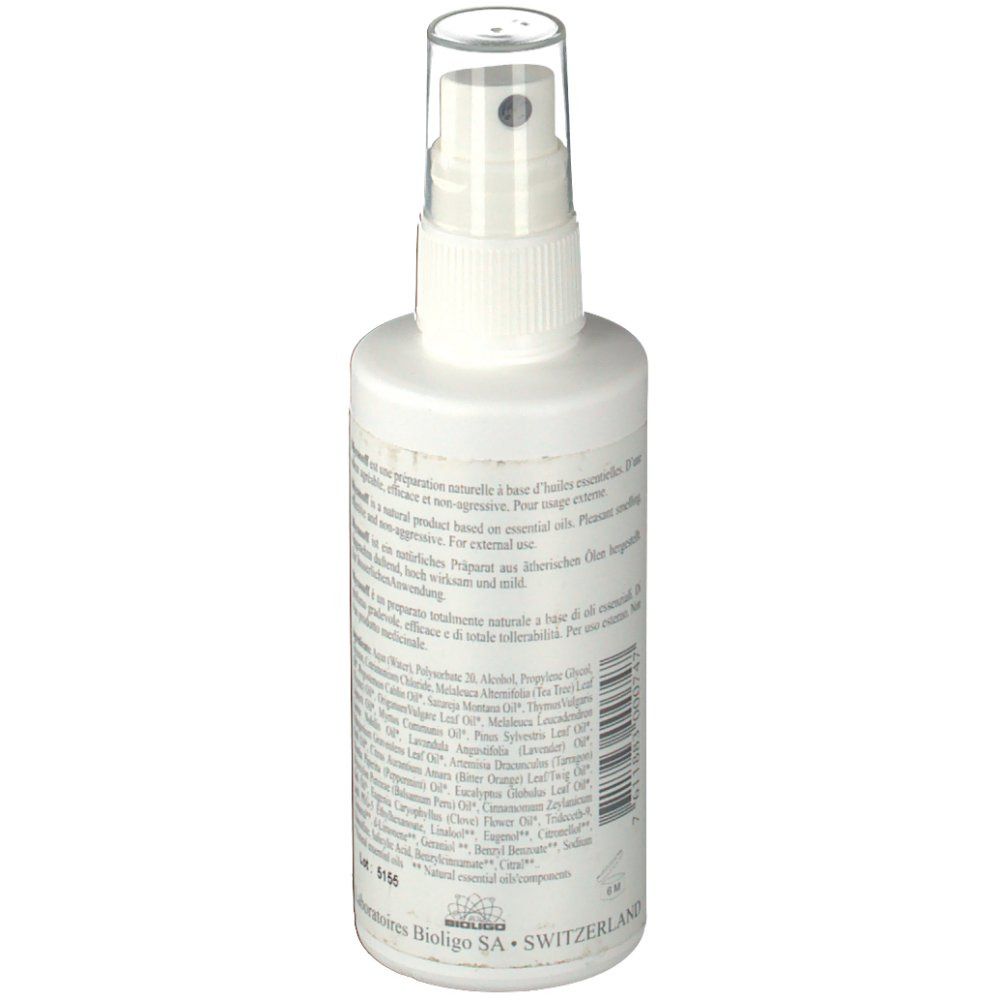 Dos du flacon spray blanc. Texte avec ingrédients et informations fabricant. Logo de Biologo SA.