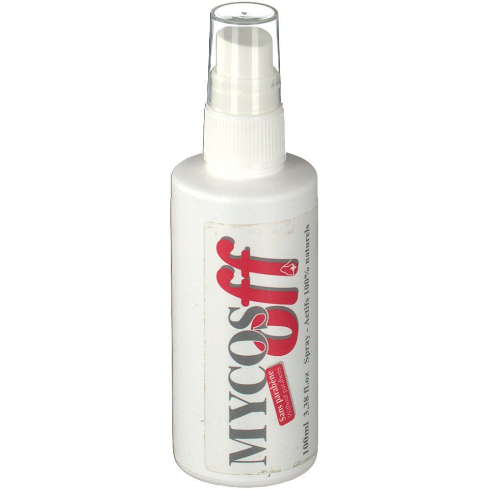 Flacon spray blanc avec inscription rouge et blanche MYCOS off. Tête de pulvérisation transparente. 100ml.