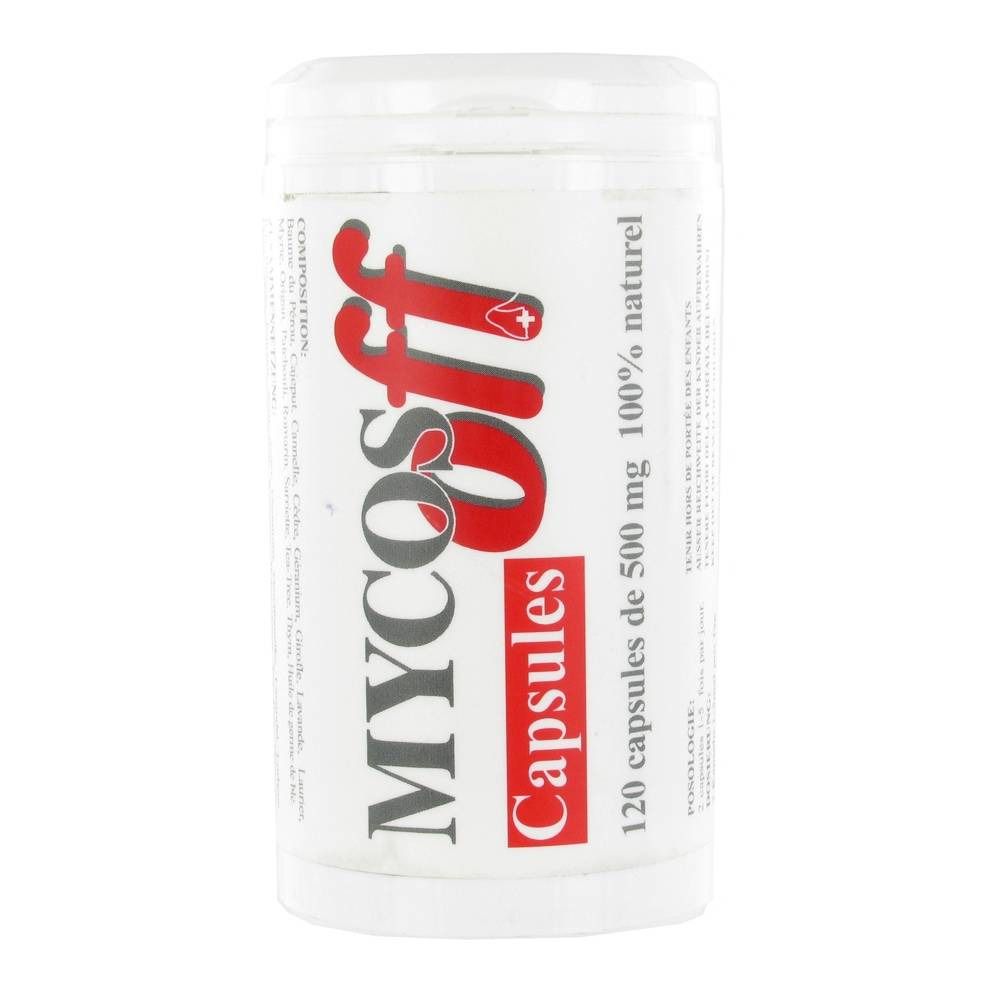 Flacon blanc avec texte rouge et noir. Inscription: MYCOS off Capsules. 120 capsules de 500 mg 100% naturel.