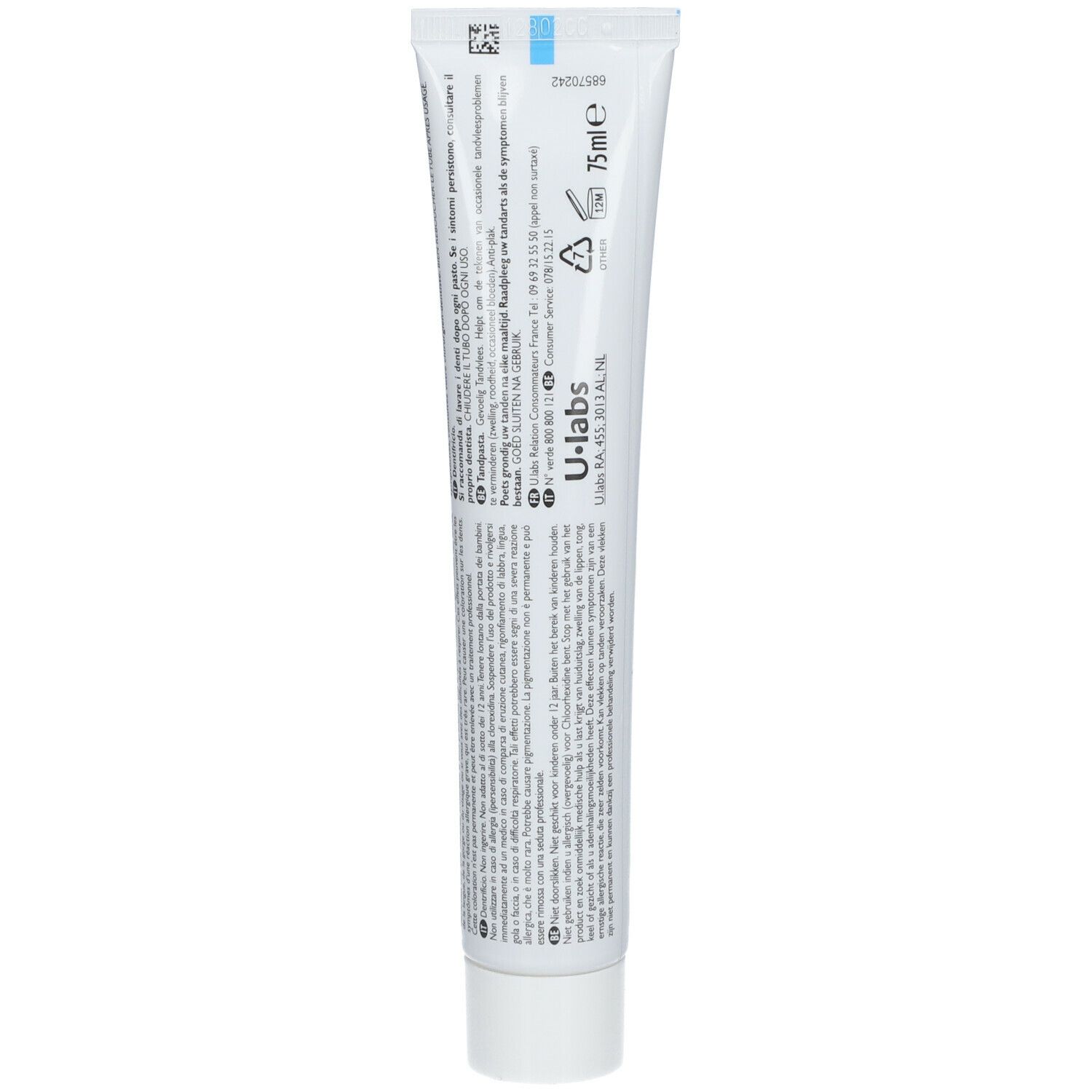 Dos d'un tube de dentifrice. Texte et informations en plusieurs langues.
