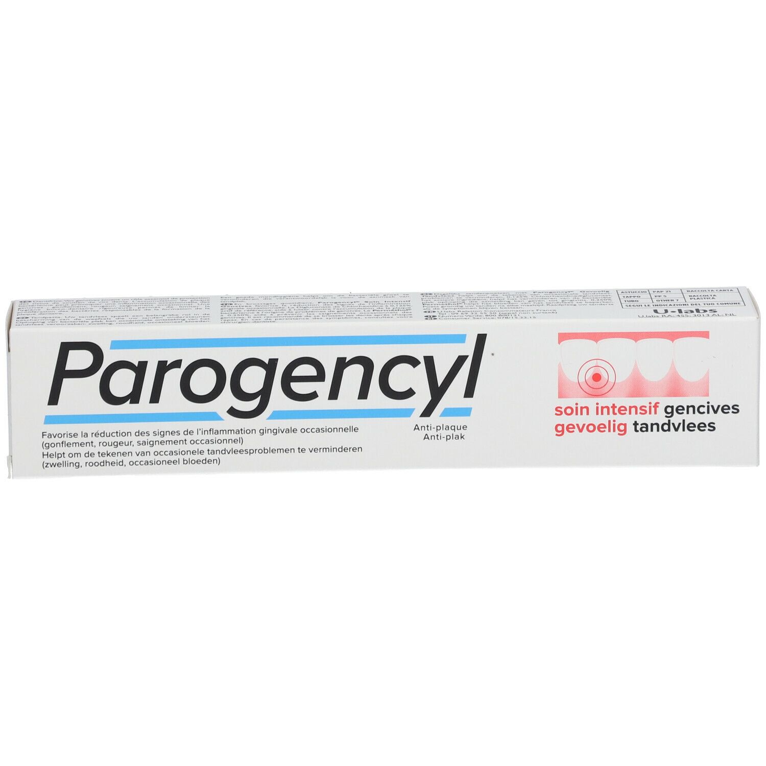 Boîte avec logo "Parogencyl" et texte. Texte : "Soin intensif gencives gevoelig tandvlees".