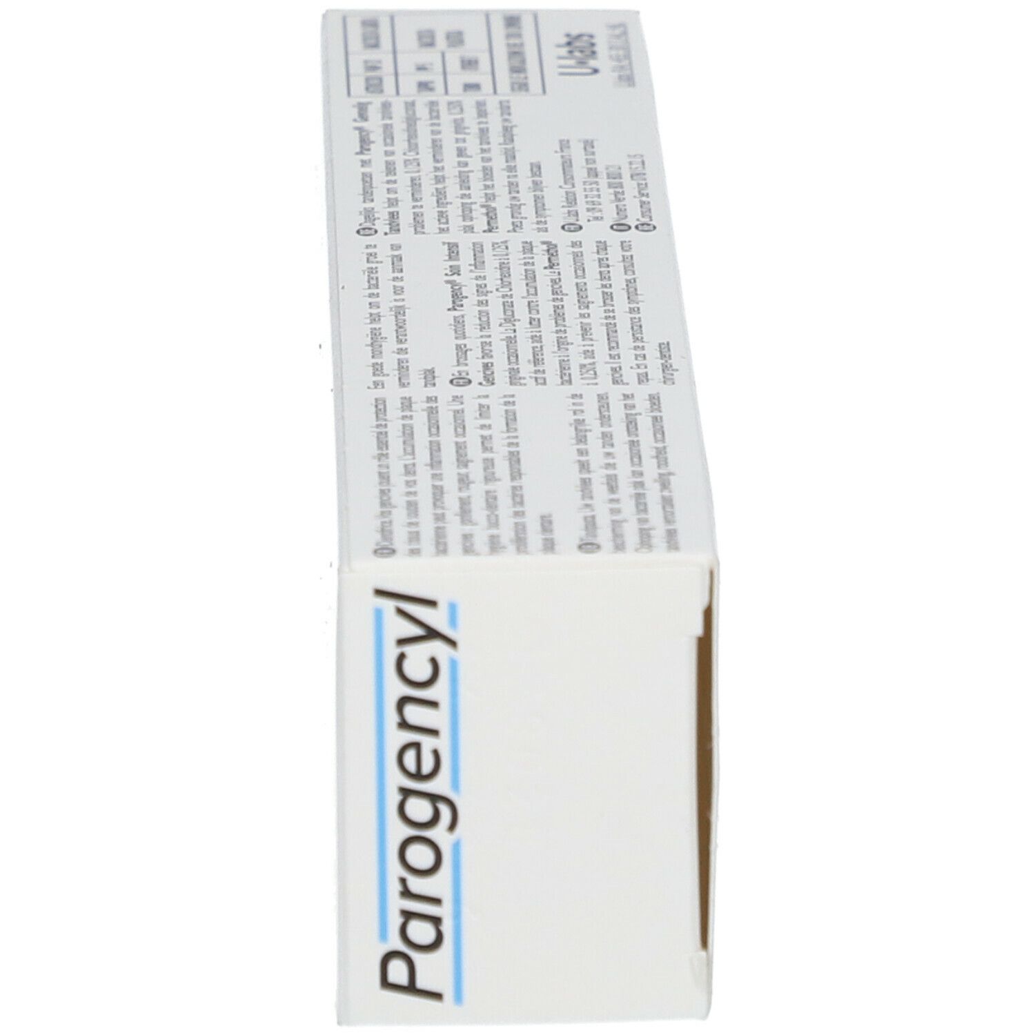 Vue latérale d'une boîte avec le logo "Parogencyl" et du texte.