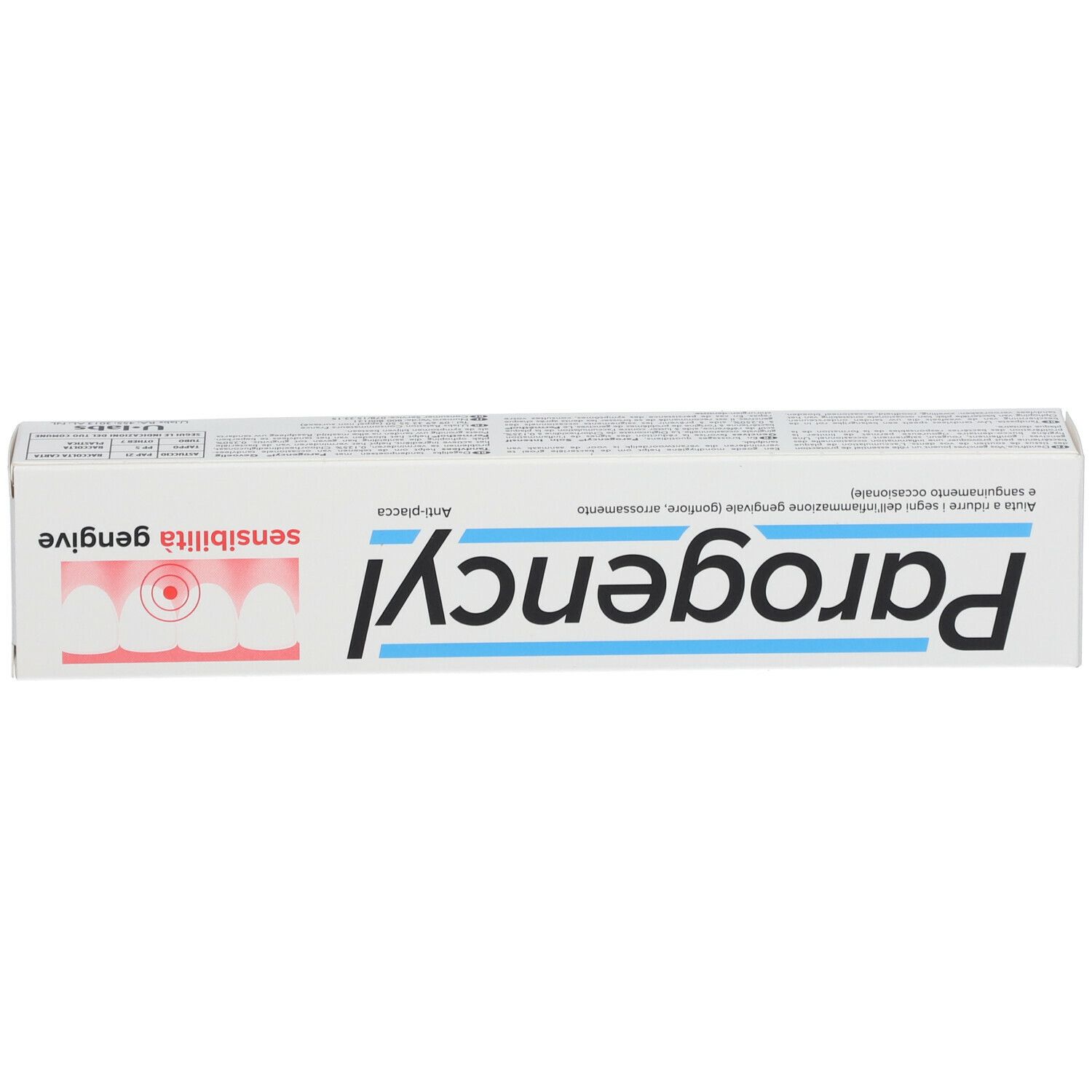 Boîte avec logo "Parogencyl" et texte. Texte : "Sensibilità gengive".