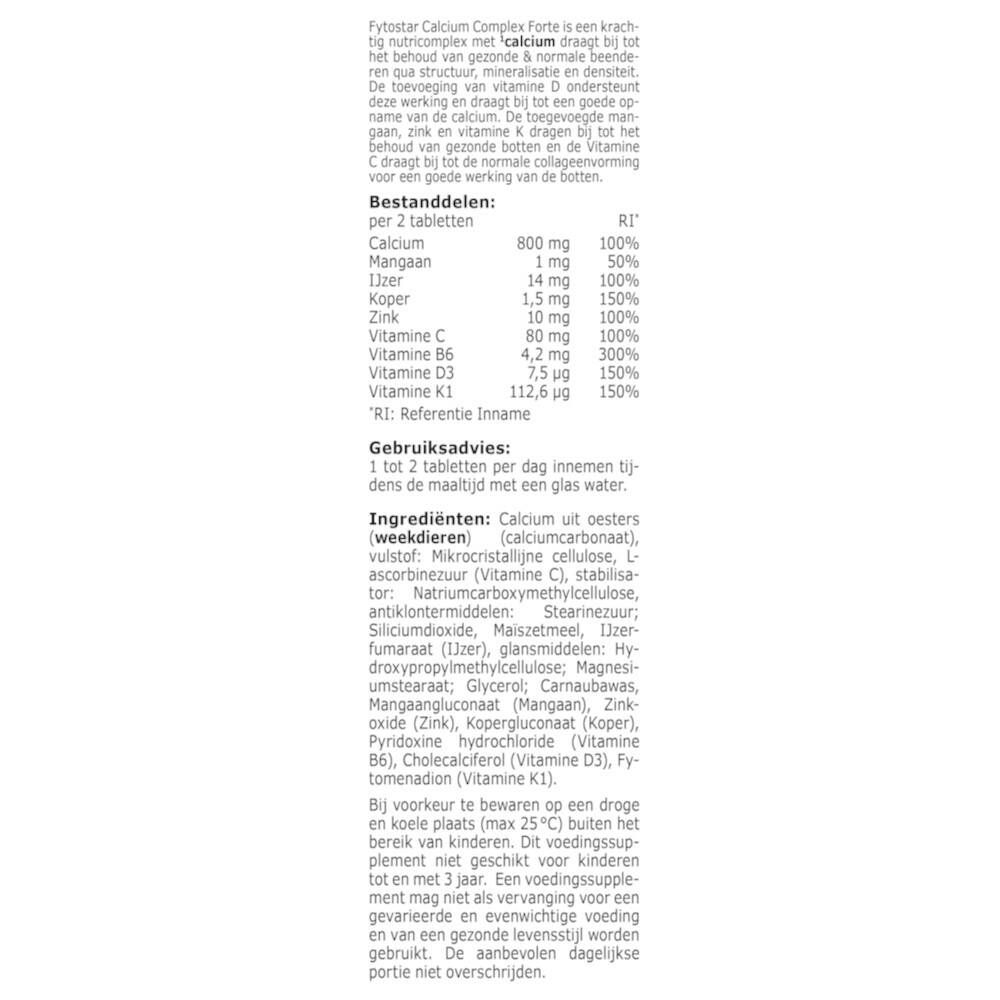 Tekst op witte achtergrond. Bevat informatie over Calcium Complex Forte, ingrediënten, dosering en voedingswaarde.