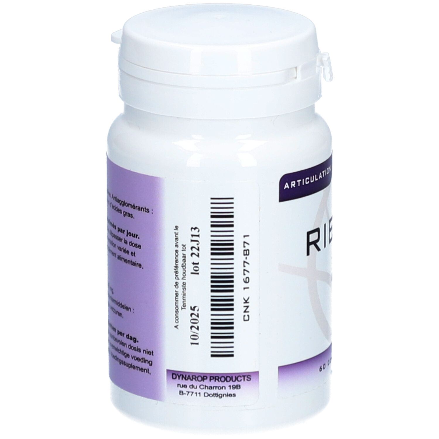 Dos du flacon de comprimés. Ingrédients, numéro de lot, date d'expiration 10/2025. DYNAROP PRODUCTS.