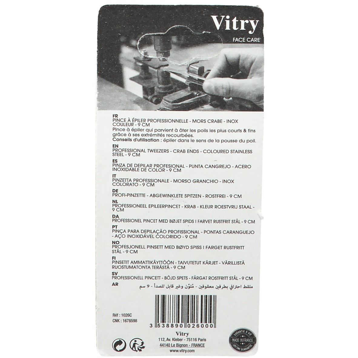 Dos de l'emballage avec informations produit. Marque Vitry.
