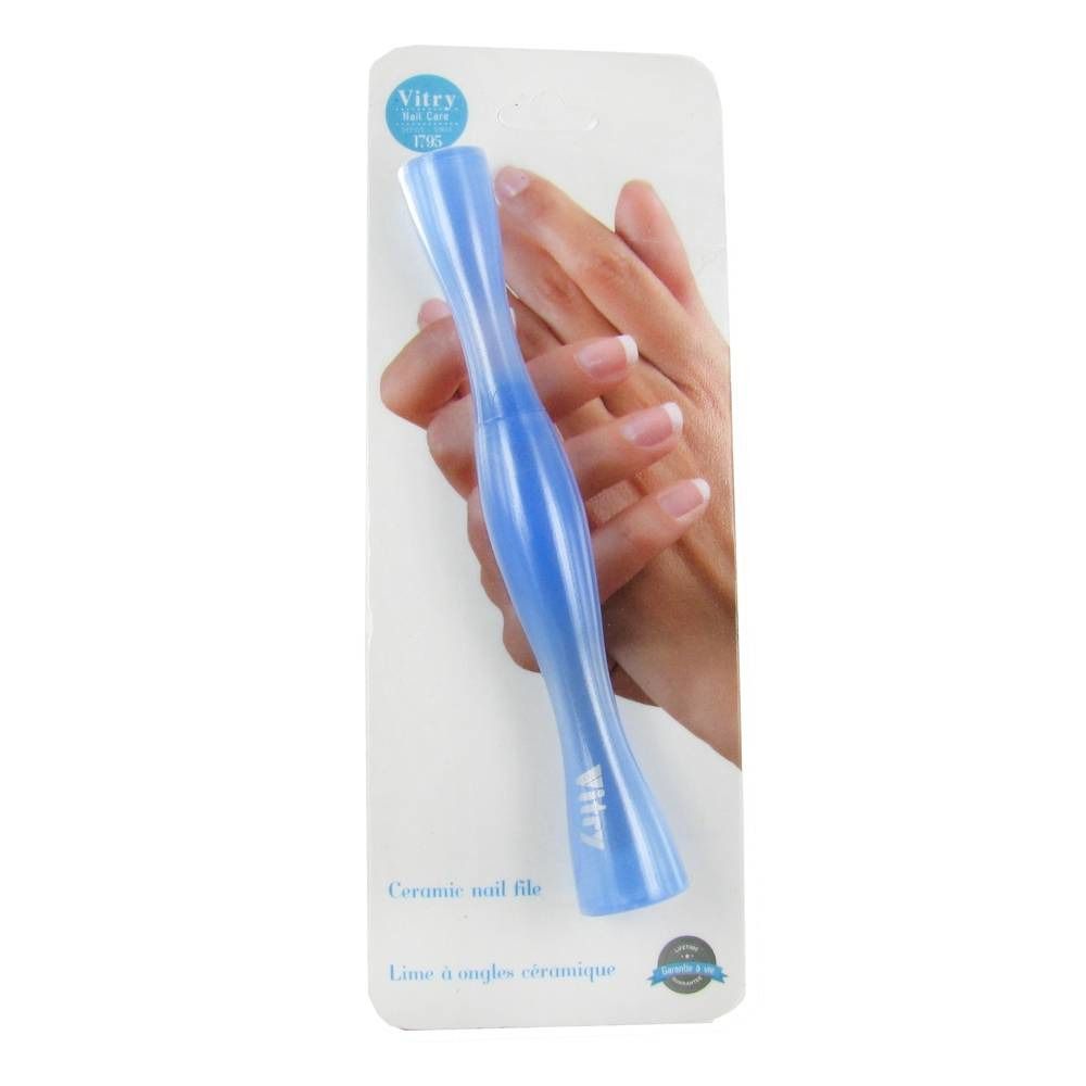 Lime à ongles céramique bleue, emballée. Marque Vitry. Inscription: Ceramic nail file, Lime à ongles céramique.