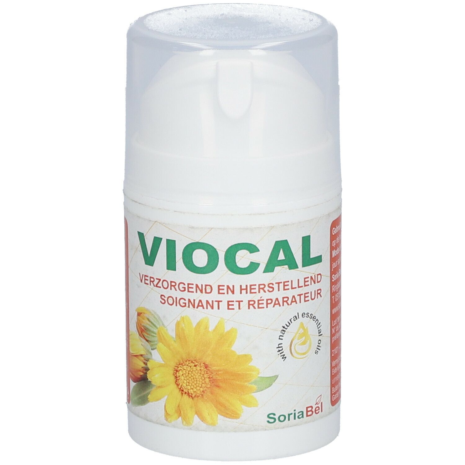 Flacon blanc avec inscription VIOCAL, fleur jaune et logo SoriaBel. Avec tête de dosage et bouchon transparent.