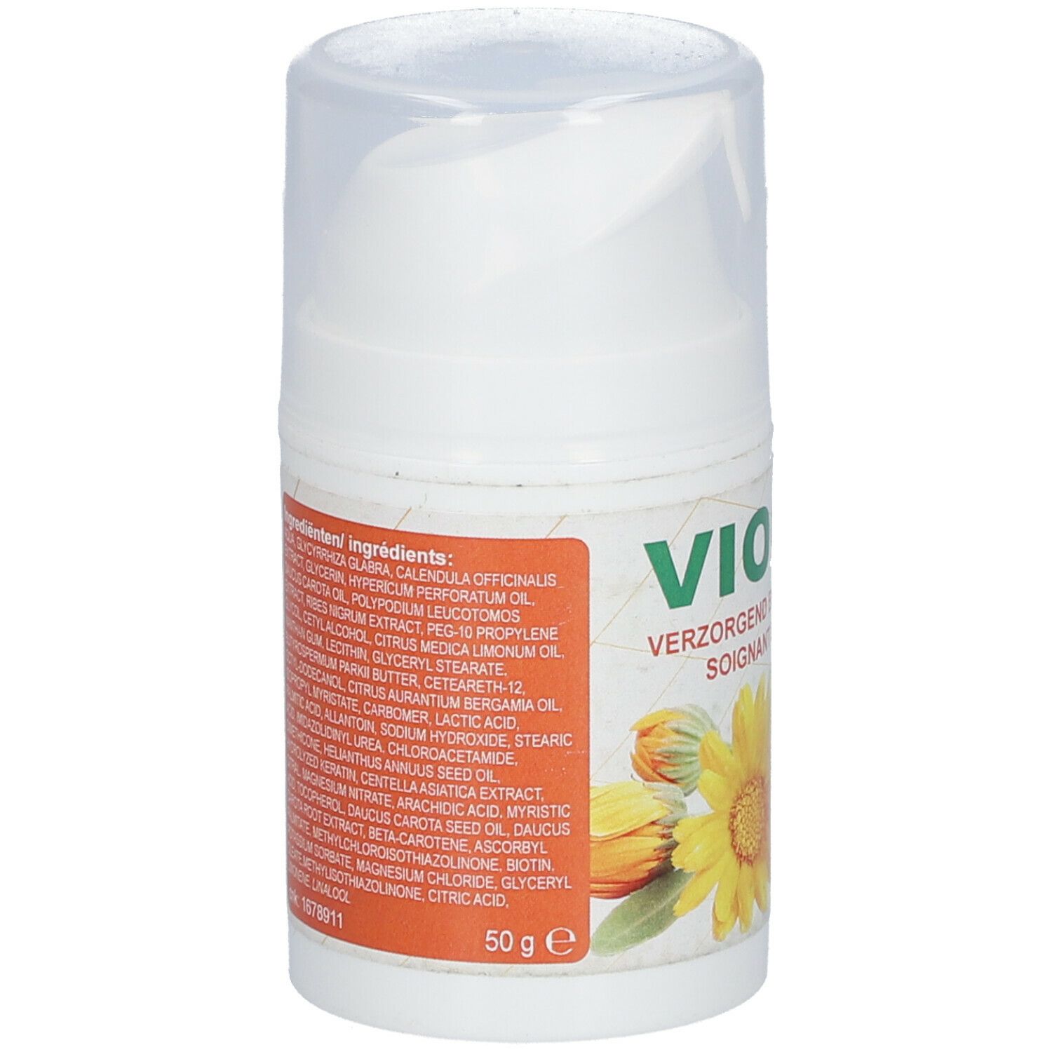 Flacon blanc avec liste d'ingrédients et inscription VIOCAL. Contient 50 g. Avec fleur jaune et logo SoriaBel.