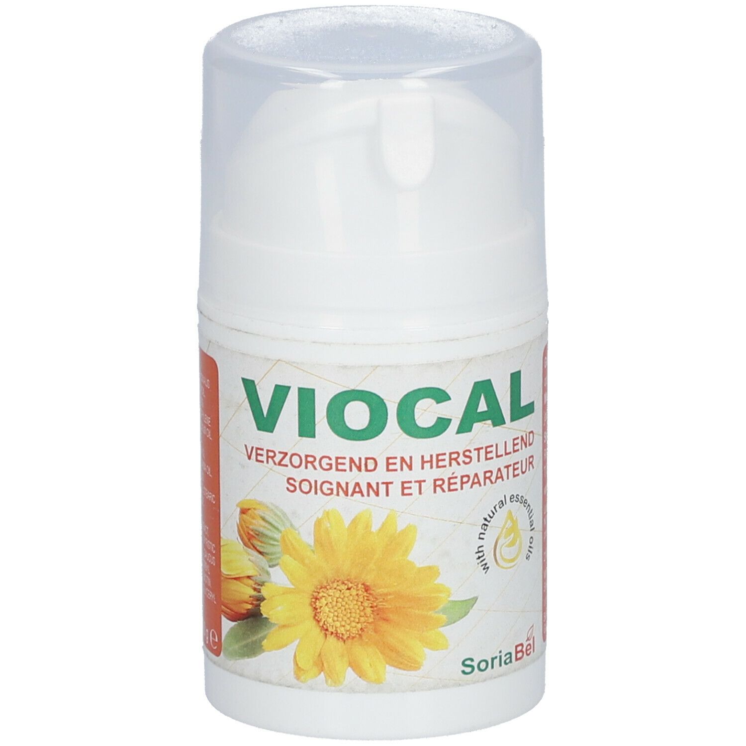 Flacon blanc avec inscription VIOCAL, fleur jaune et logo SoriaBel. Avec tête de dosage et bouchon transparent.