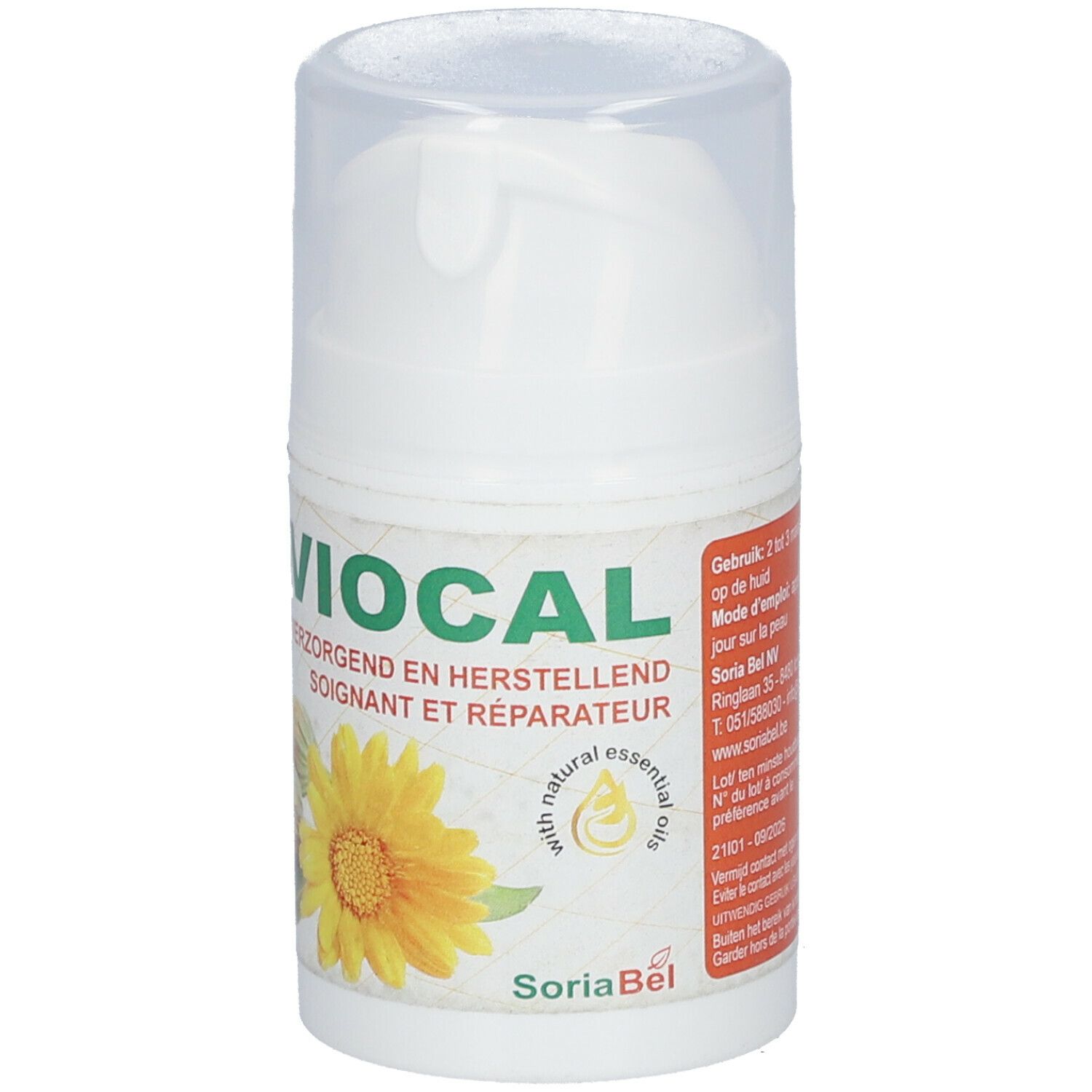Flacon blanc avec inscription VIOCAL, fleur jaune et logo SoriaBel. Avec tête de dosage et bouchon transparent.