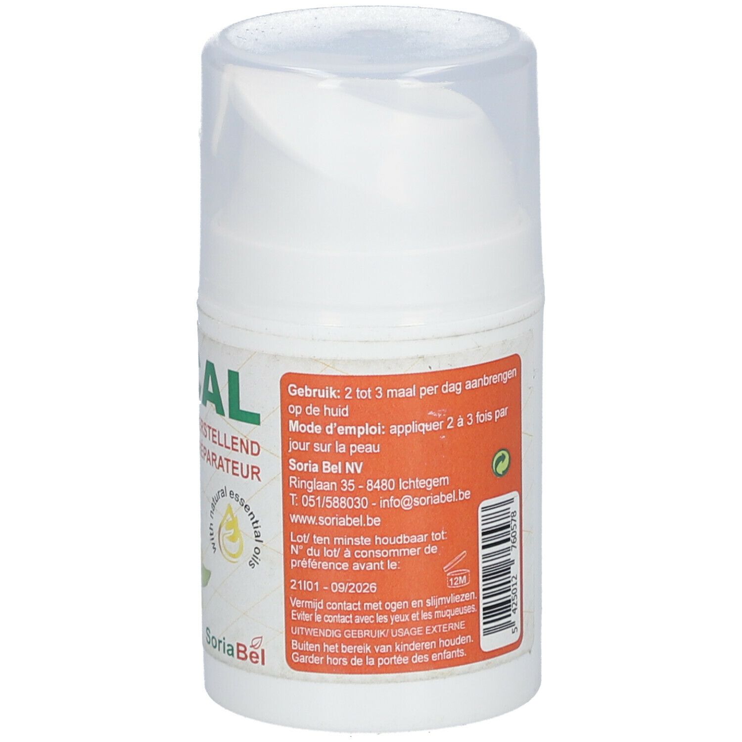 Flacon blanc avec instructions d'utilisation et logo SoriaBel. Vue arrière. Avec tête de dosage et bouchon transparent.