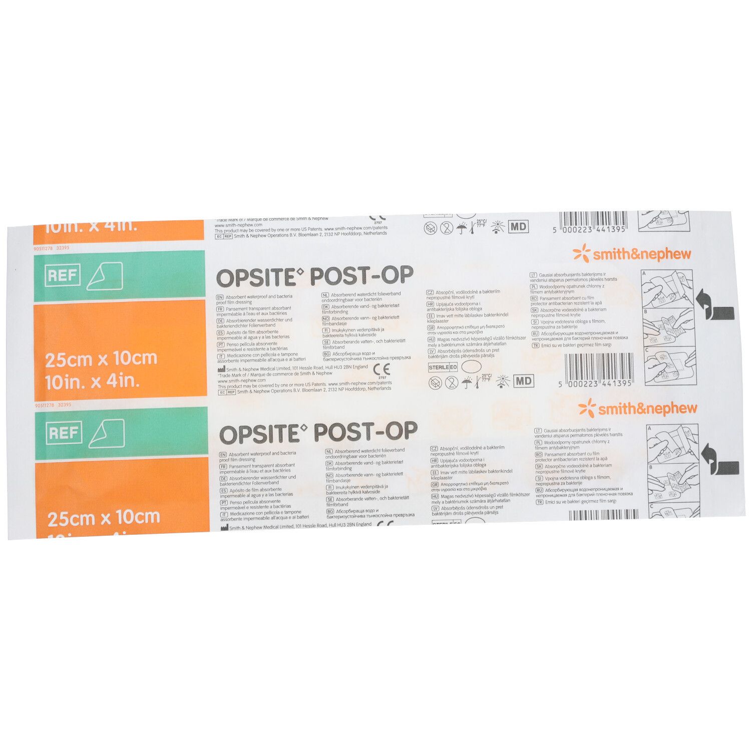 Pansement OPSITE® Post-Op 25 x 10 cm. Emballage avec informations produit et logo du fabricant.