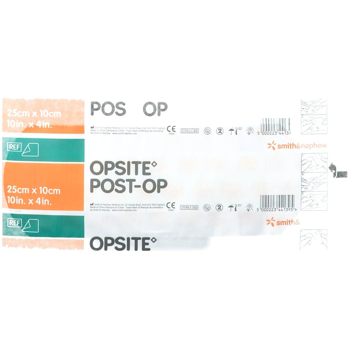 Pansement OPSITE® Post-Op 25 x 10 cm. Emballage avec informations produit et logo du fabricant.