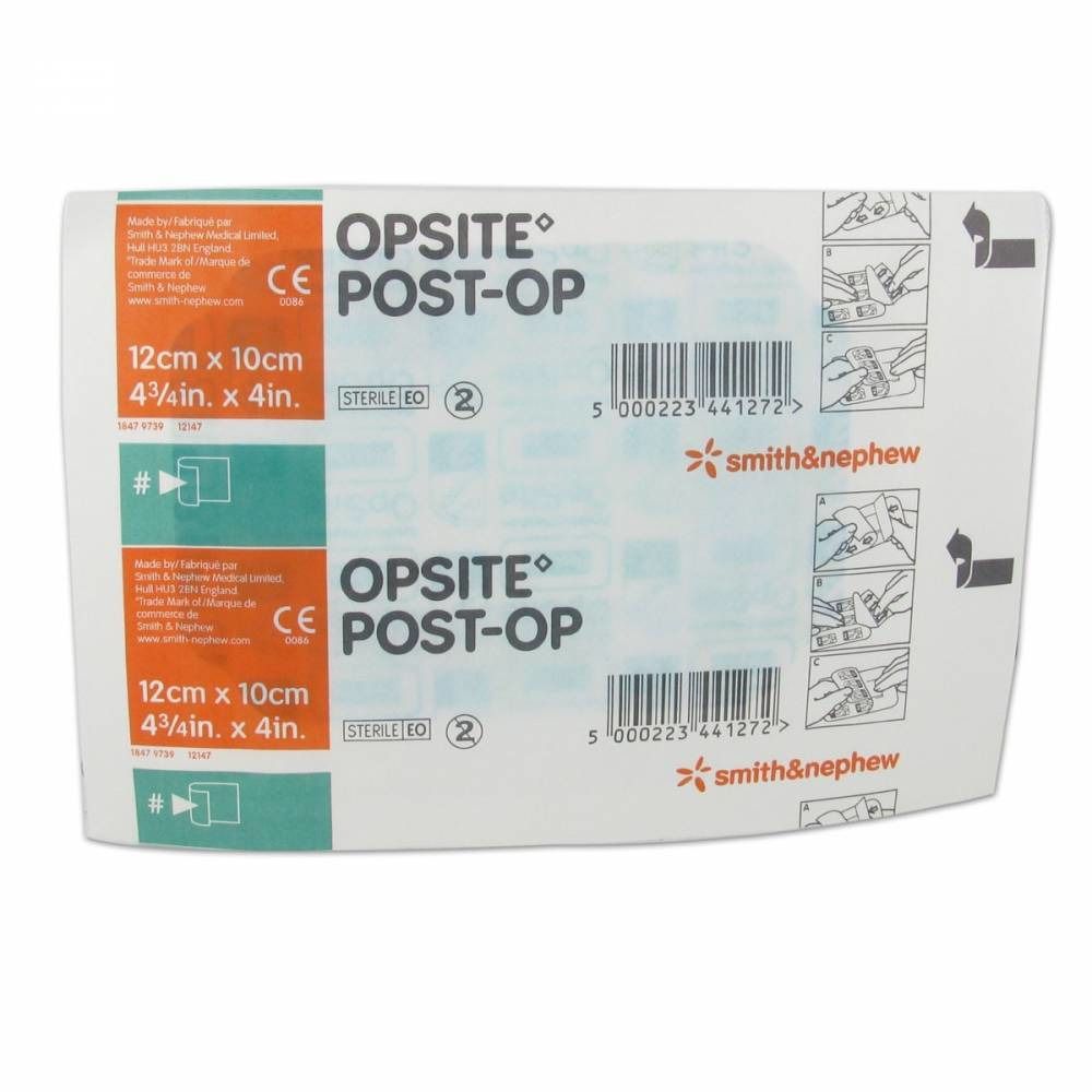 Emballage de deux pansements Opsite Post-Op. Dimensions : 12cm x 10cm. Stérile. Marque Smith & Nephew.