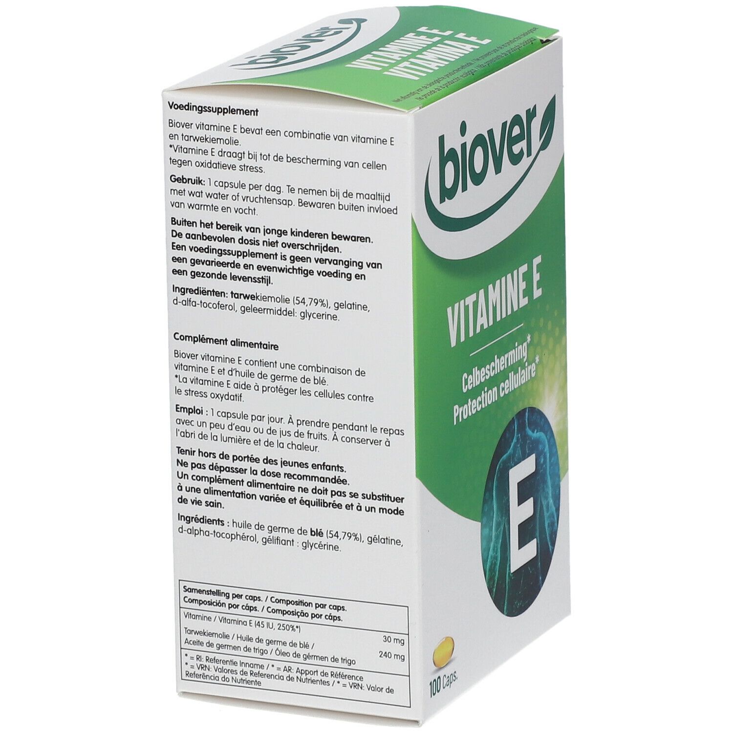 Dos de la boîte biover Vitamine E. Texte en néerlandais. Contient des informations sur les ingrédients et l'utilisation.