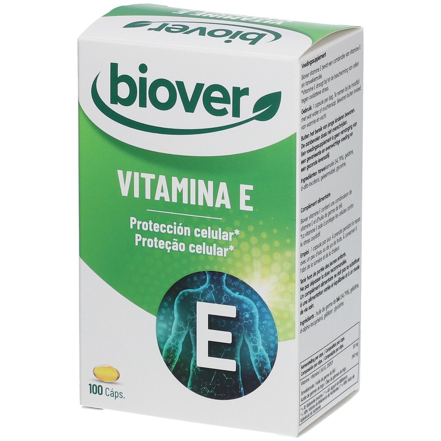 Boîte de biover Vitamina E. Inscription: Vitamina E, Protección celular, 100 capsules. Capsule jaune en bas à gauche.