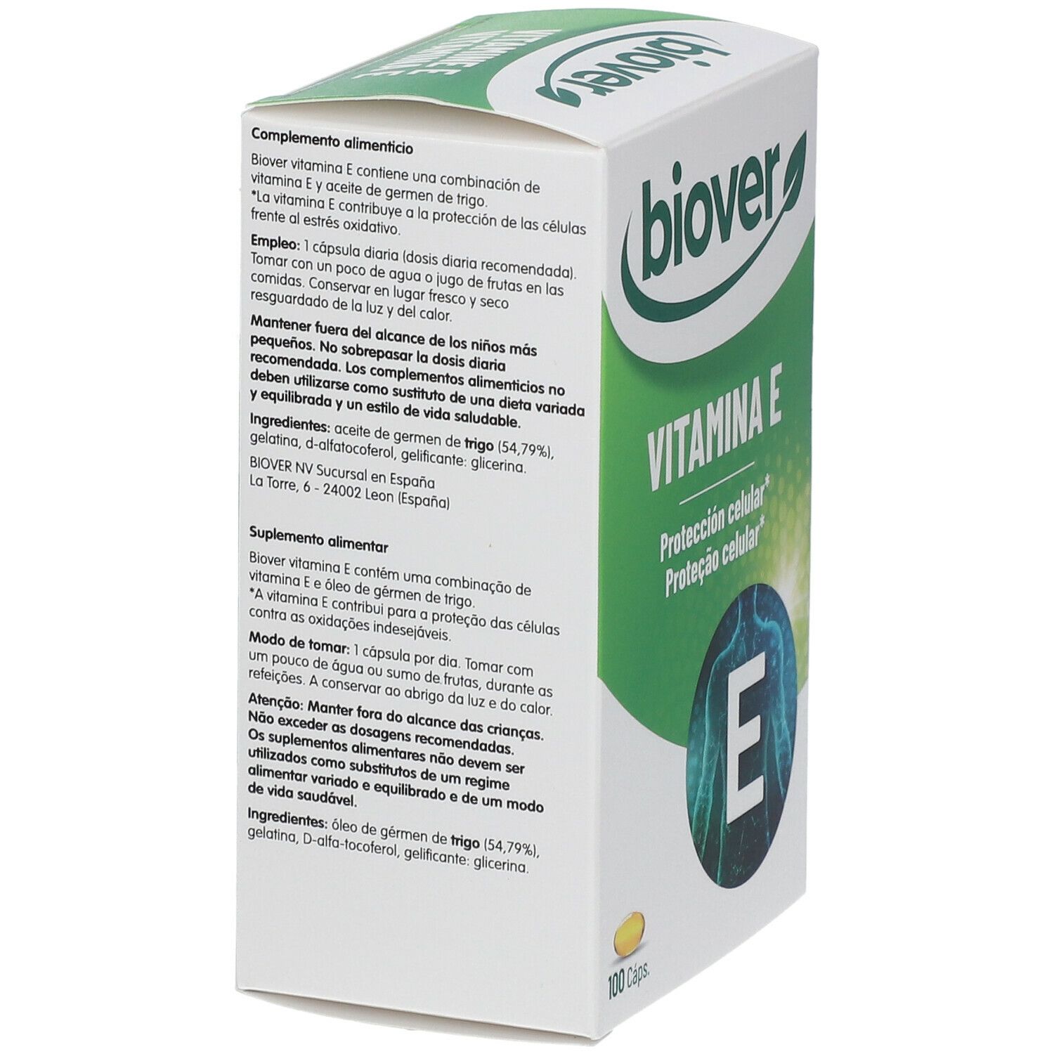 Dos de la boîte biover Vitamina E. Texte en espagnol. Contient des informations sur les ingrédients et l'utilisation.