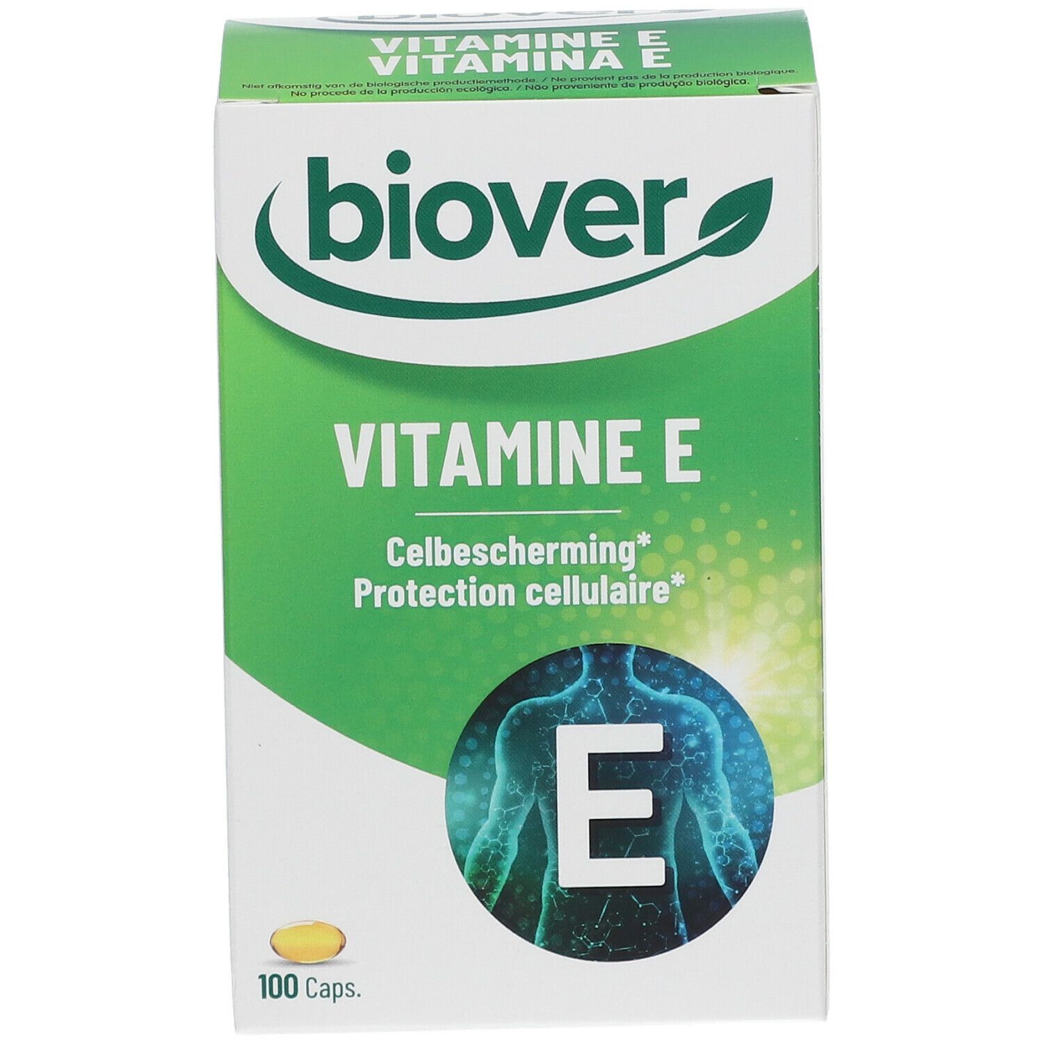 Face avant de la boîte biover Vitamine E. Inscription: Vitamine E, Celbescherming, 100 capsules. Capsule jaune en bas à gauche.